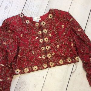 Lawrence Kazer Silk Beaded Jacket Size L Red